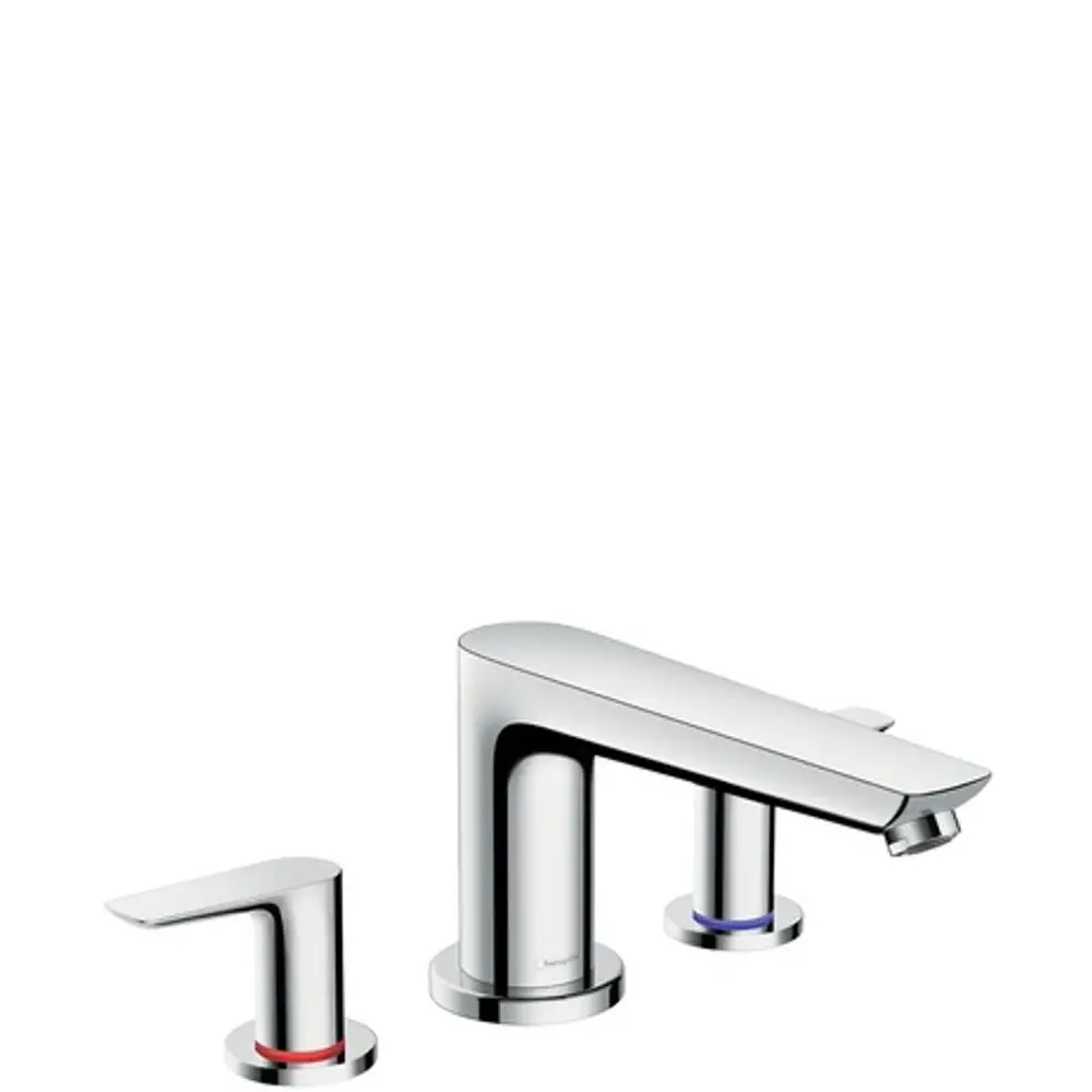 Chromene 3-Loch Wannenrandarmatur von Hansgrohe mit einem Hauptarmaturenelement und zwei separat montierten Steuergriffen für heißes und kaltes Wasser.